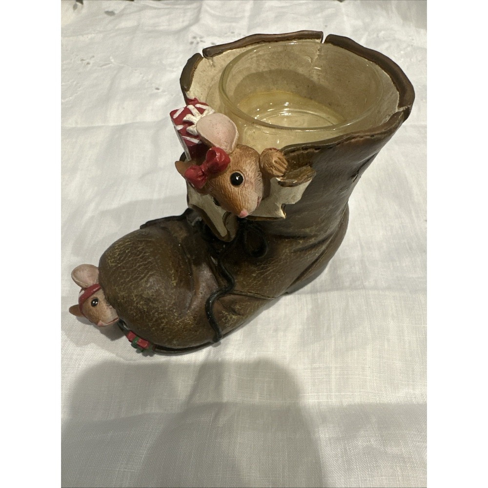Christmas Mice Mouse in Old Boot‎ Tealight Candle Holder Yankee Candle Adorable